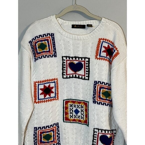 Liz Sport Sweater Women L Cream Patchwork Cable Knit Granny Festive Classic 80s - Picture 4 of 12